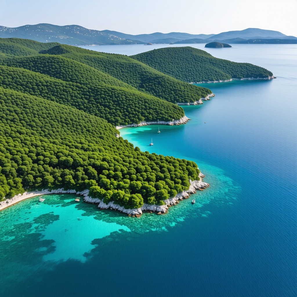 Aerial photograph of Lastovo archipelago with rich vegetation and clear blue sea highlighting sustainable tourism practices