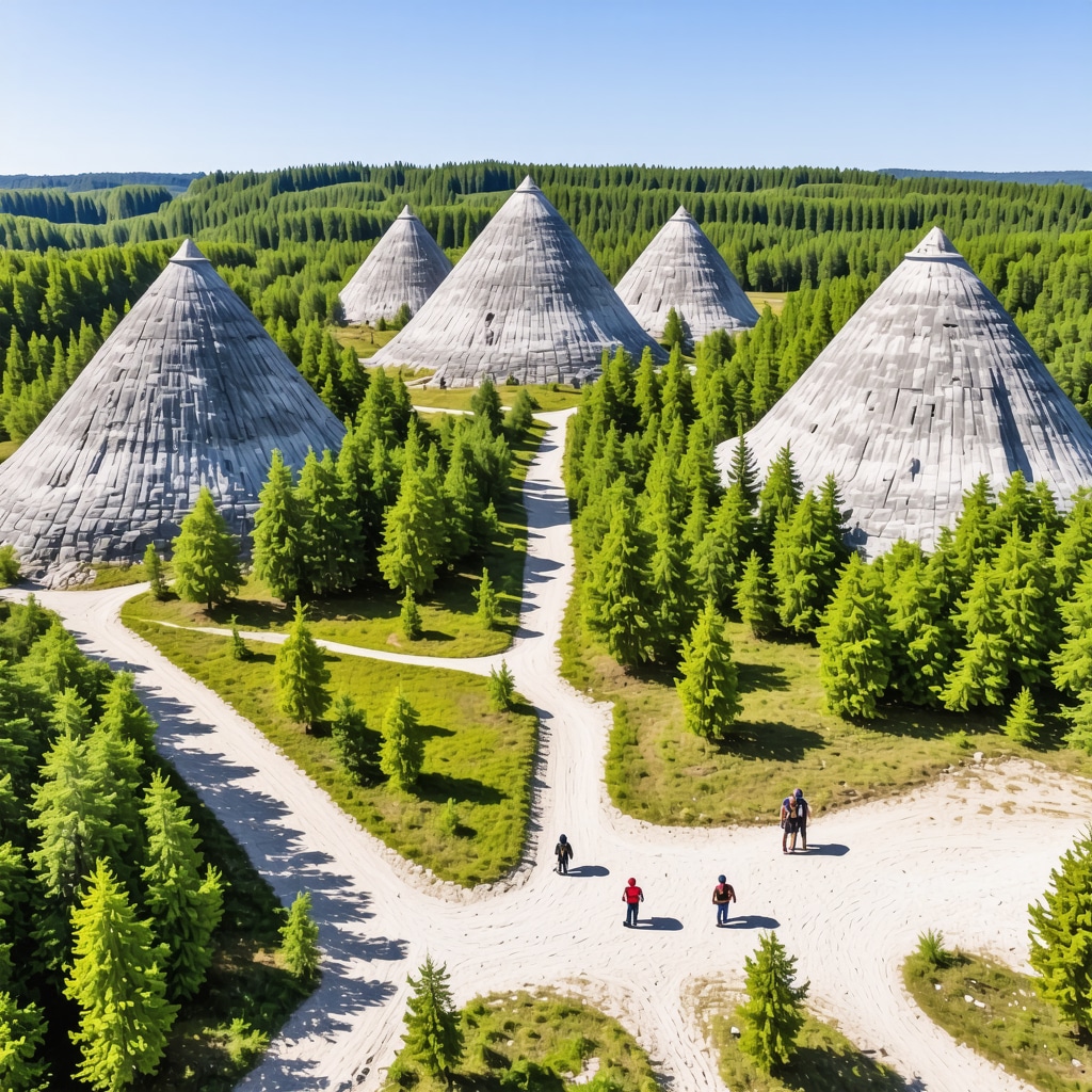 Aerial photograph showing the unique earth pillars of Đavolja Varoš with tourists on trails and surrounding natural vegetation