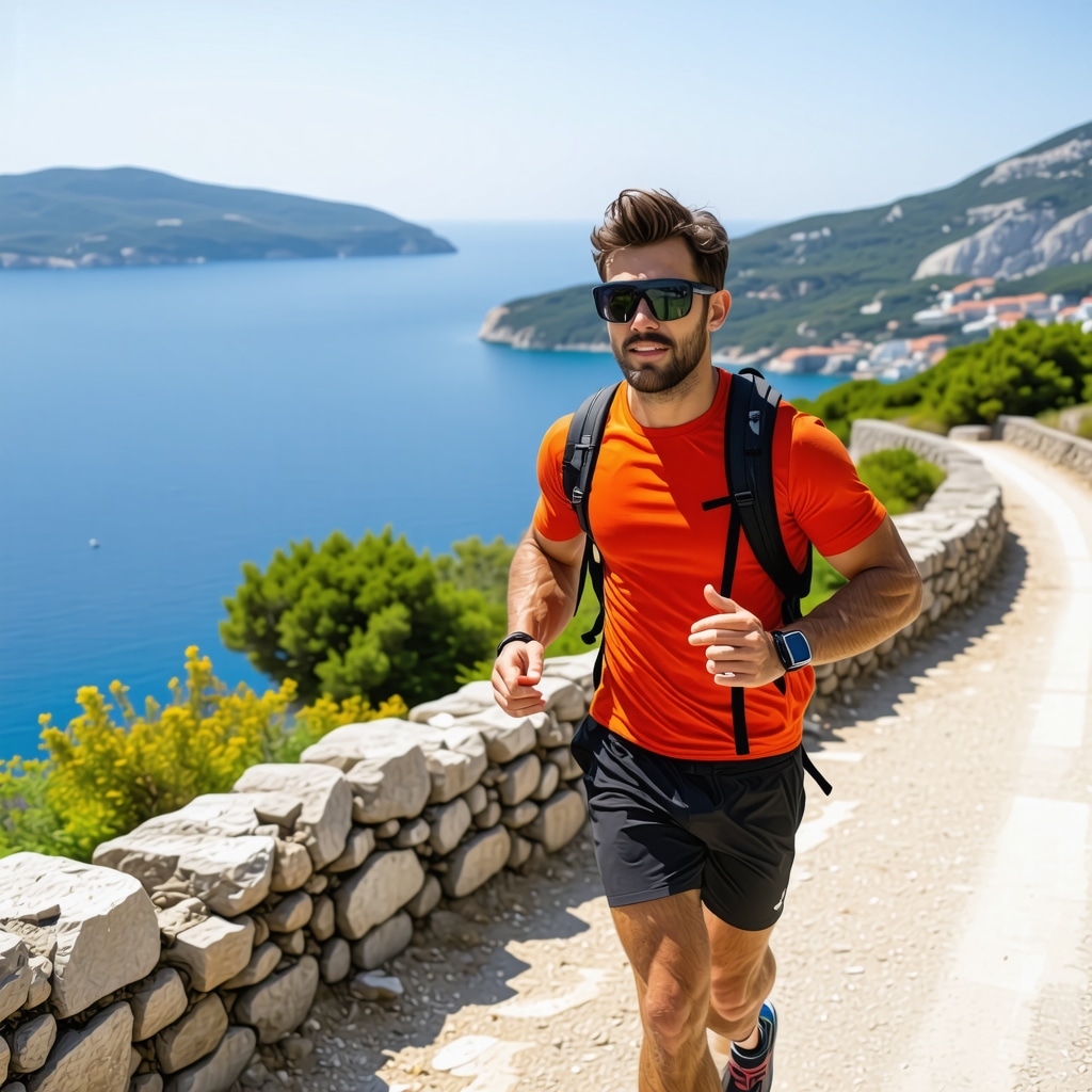 Athlete with GPS smartwatch and AR glasses running on mountain trail with Adriatic Sea view