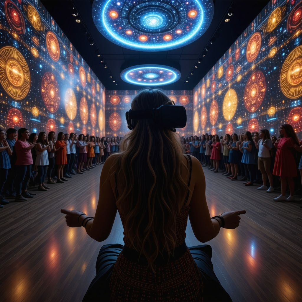 Visitors interacting with a digital art installation combining VR and traditional Romanian cultural elements in Cluj-Napoca