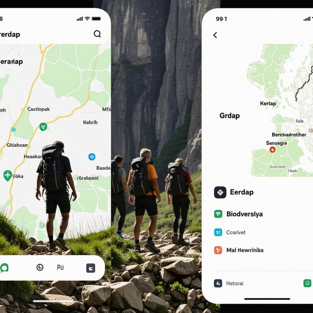 Mobile app showing hiking maps and weather for Đerdap with hikers using GPS