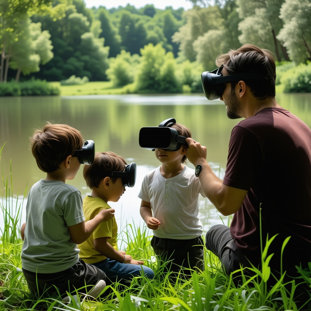 Family learning about nature using augmented reality technology at Srebrno Jezero