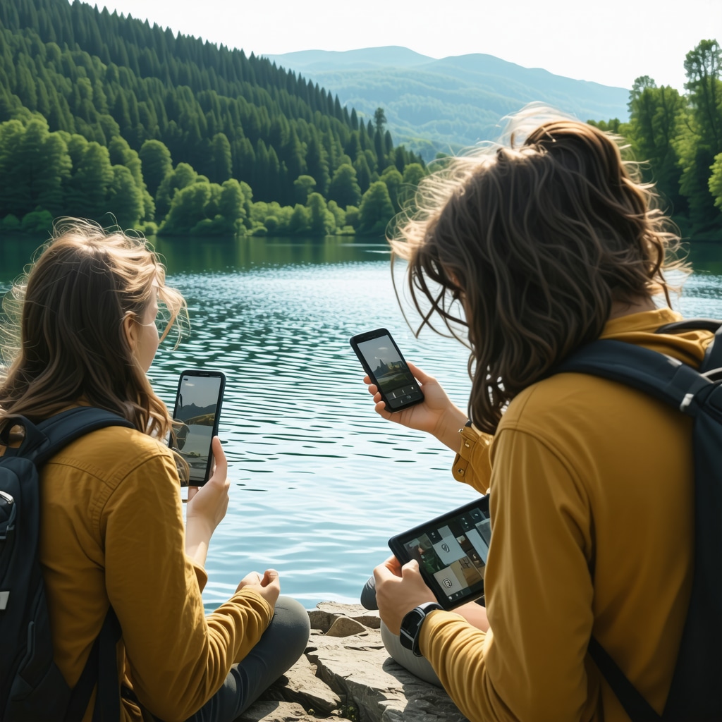 Group of friends using smartphones and tablets outdoors by a lake with forest hills in background