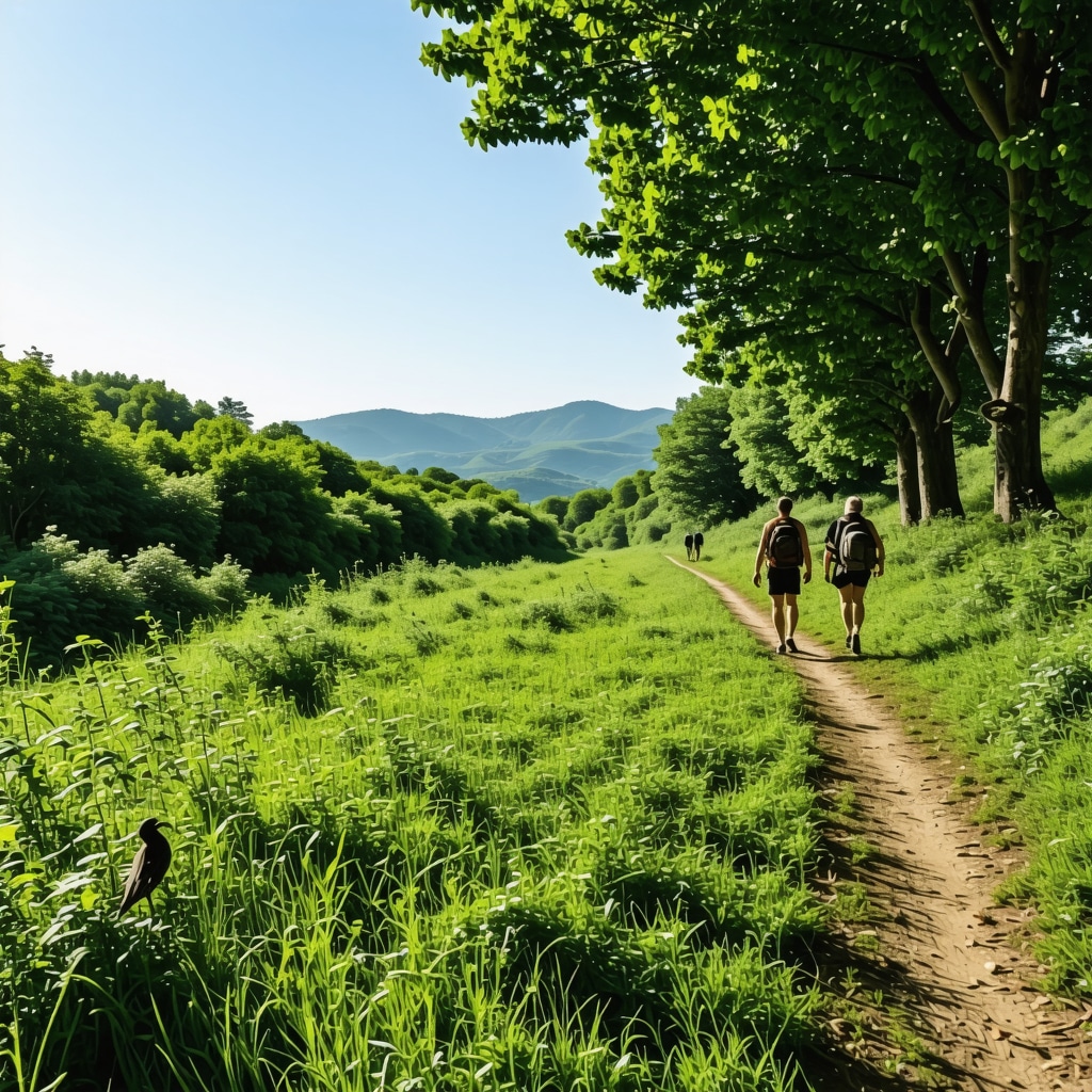 Hikers walking through lush green Kaleto nature reserve trail near Veliko Tarnovo with native flora and birds visible