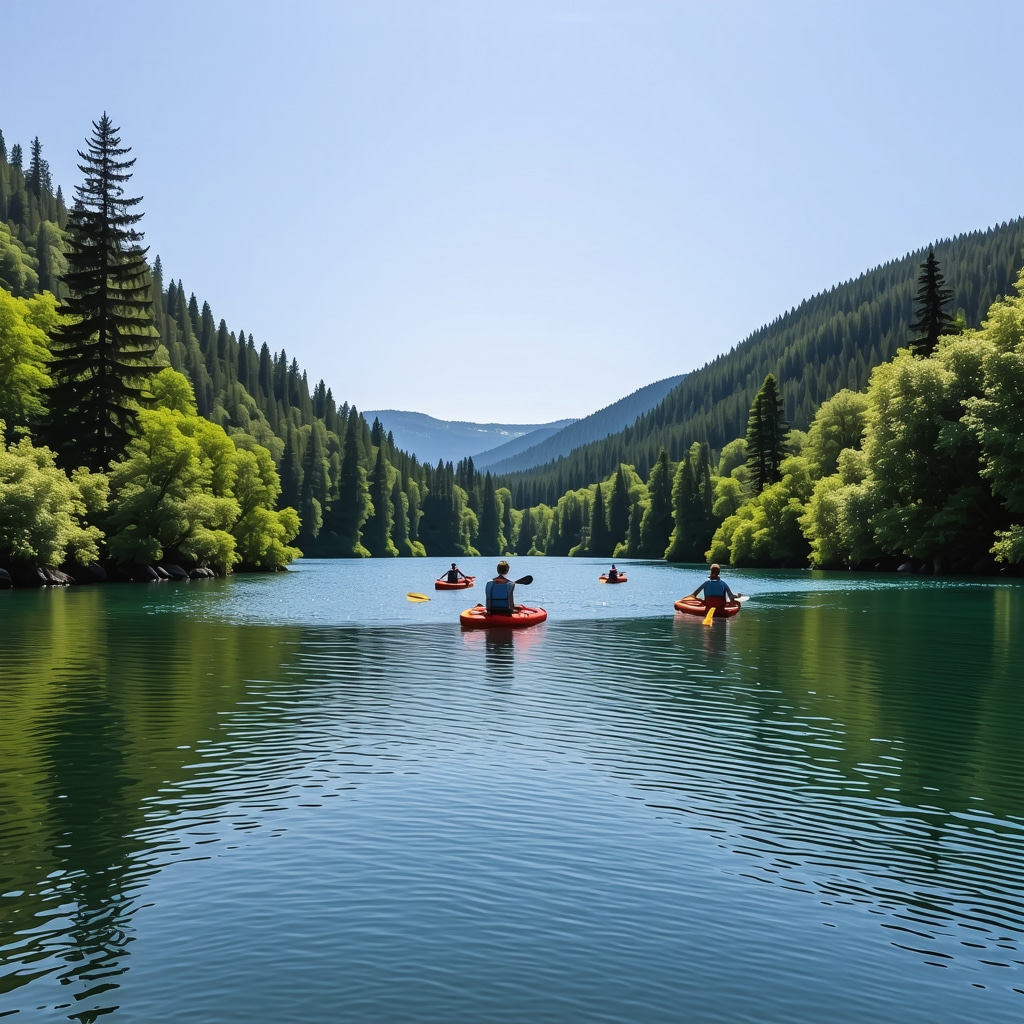 Srebrno Jezero sa planinarima i kajakašima, prikaz različitih aktivnosti i prirodnih uslova