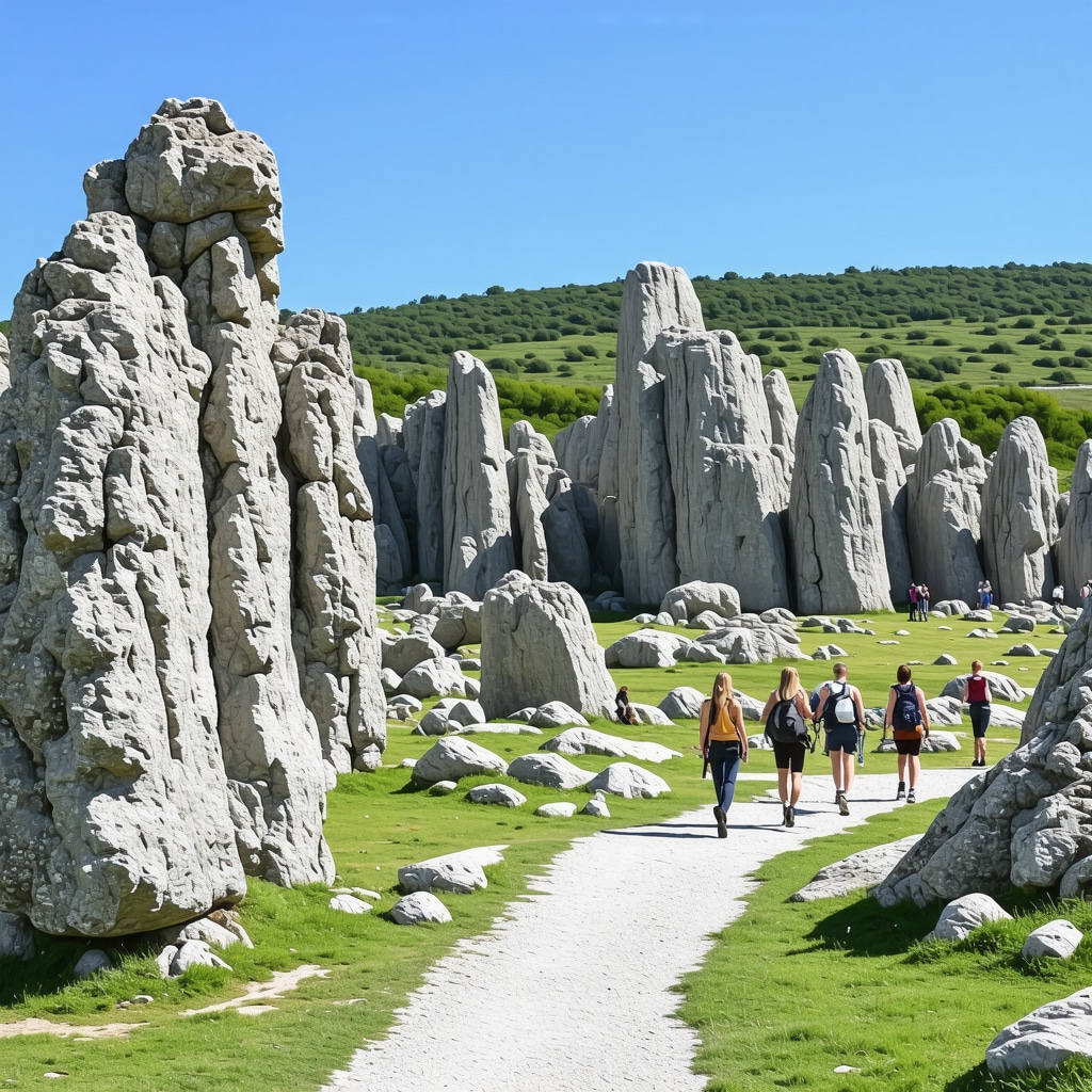 Tourists exploring the stone pillars of Đavolja Varoš with local guides under blue sky