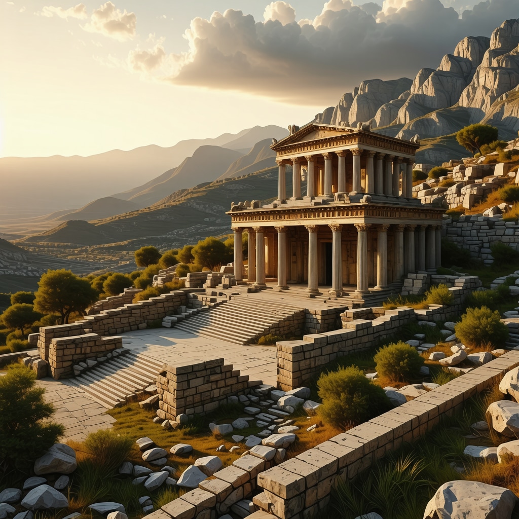 3D digital model of Delphi archaeological ruins with temples and amphitheater at sunrise