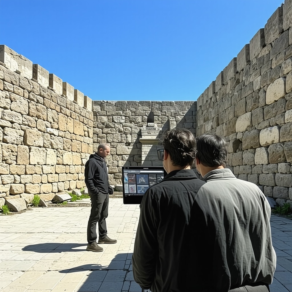 Experts performing 3D laser scanning on ancient Roman fortress walls in Pula with digital overlays