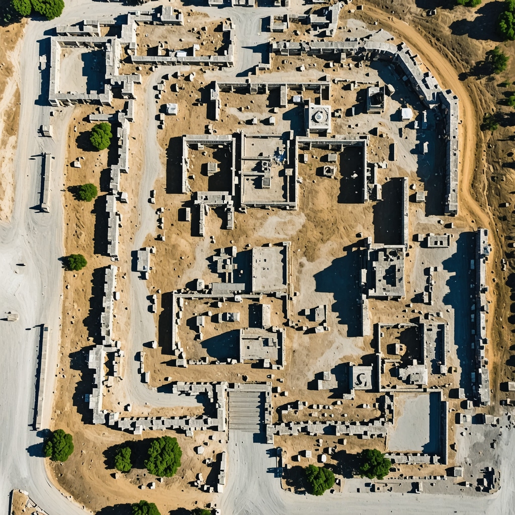 Drone aerial image showing Apollonia ruins with superimposed LIDAR data and interactive digital exhibit highlights