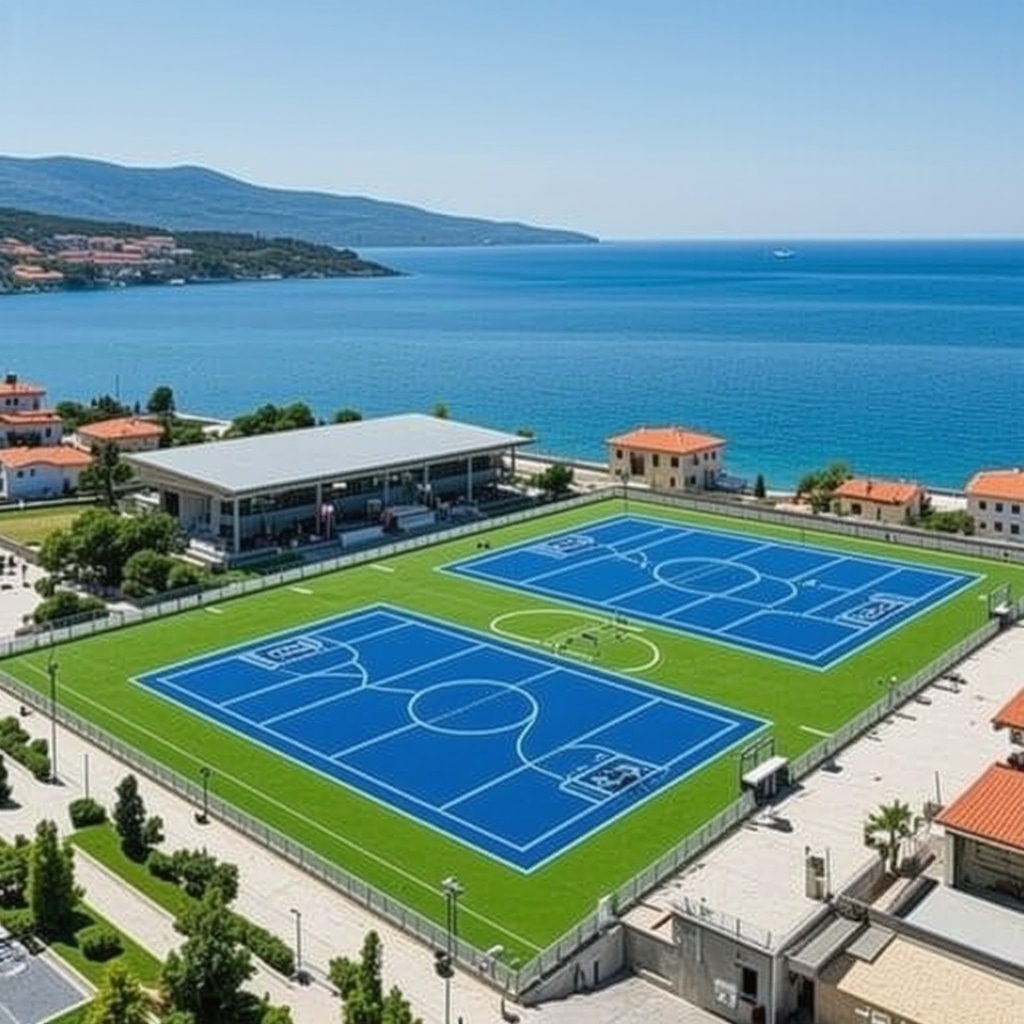Coastal sports complex featuring IoT and VR technologies with Adriatic Sea background in Budva