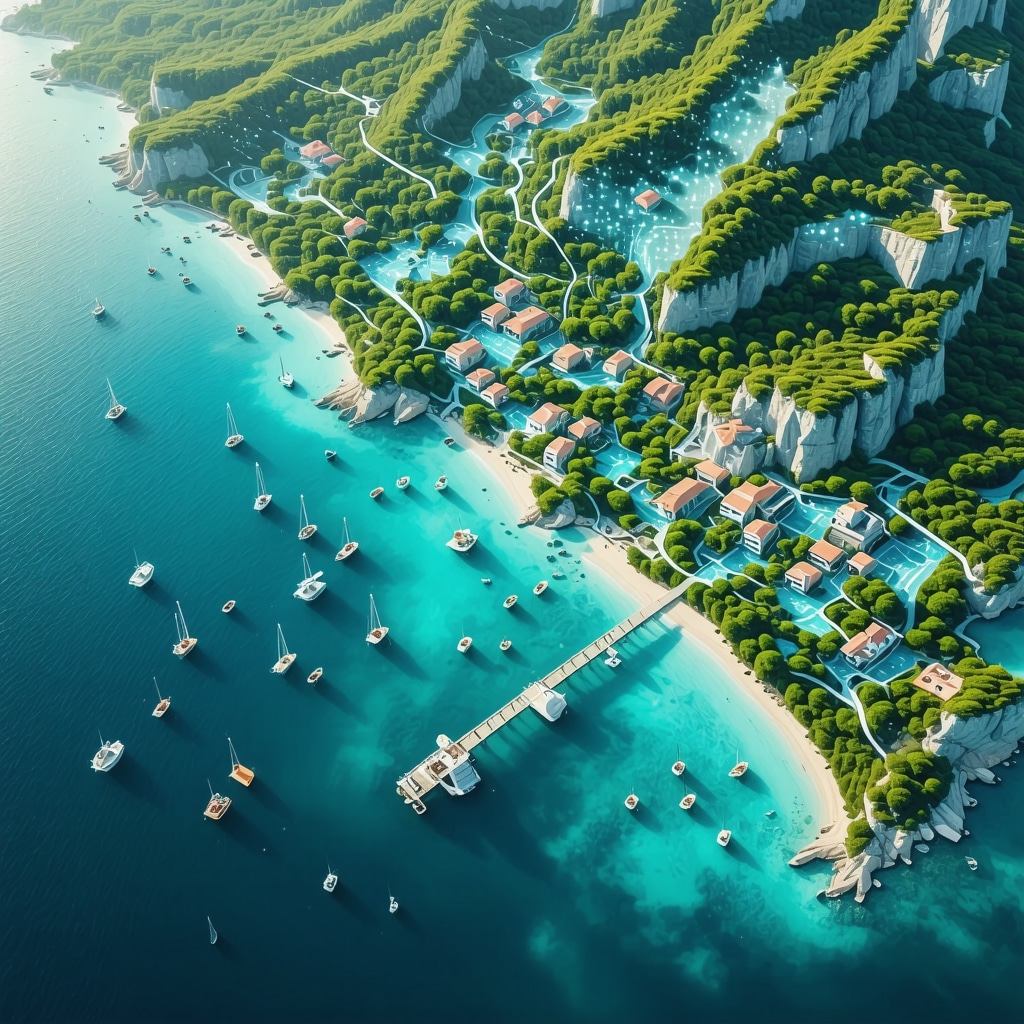 Aerial view of Halkidiki coastline with eco-friendly resorts and digital data overlays representing marine sensor networks and AI tourist management
