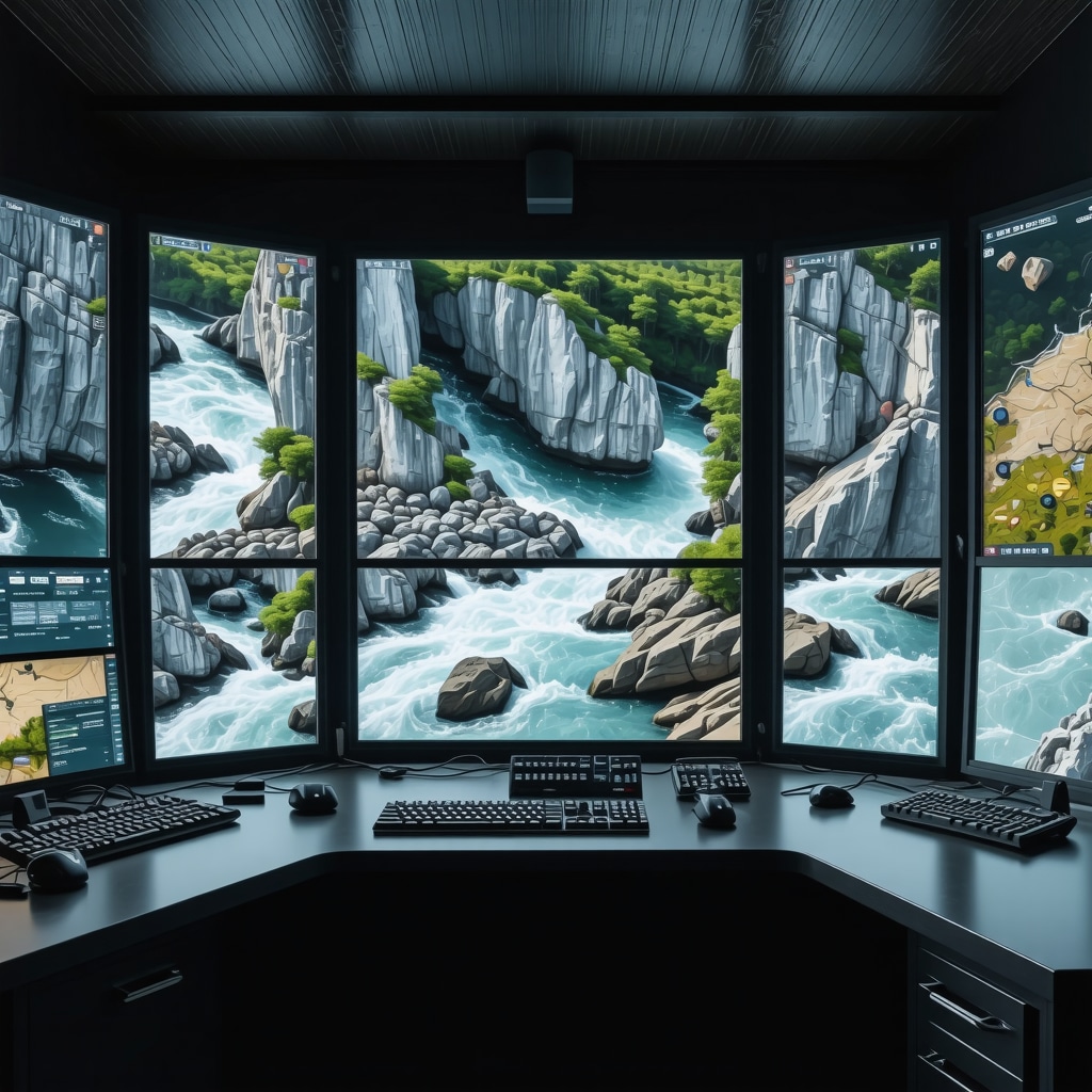 Control room screens showing GIS maps and live drone footage of Omiš canyon and river