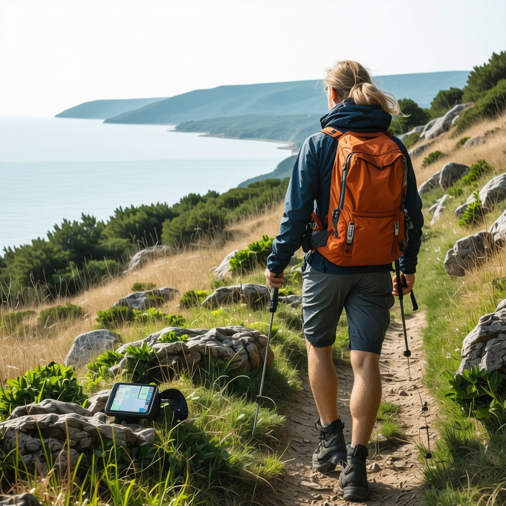 Hiker using advanced gear and GPS device on a trail near Burgas with natural coastal scenery
