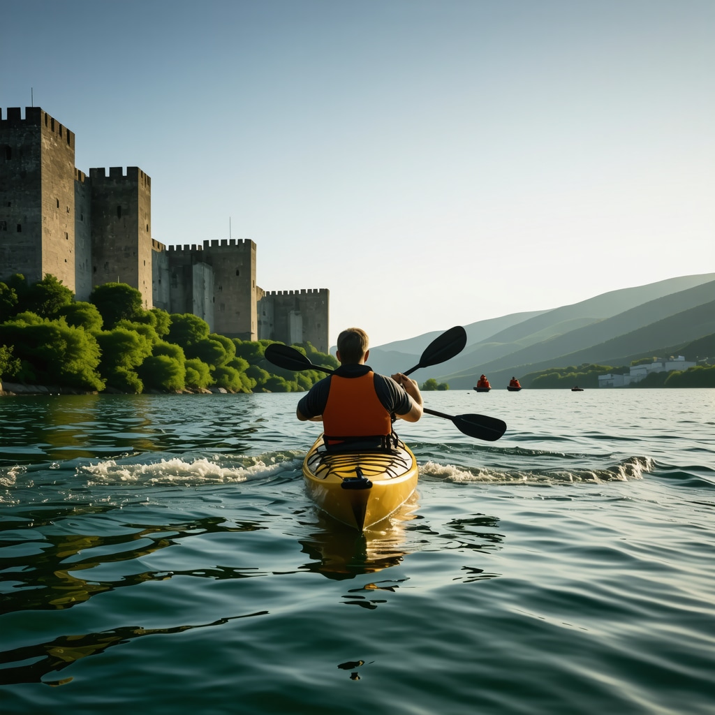 Experienced kayakers practicing advanced paddling on the Danube River near Golubac Fortress surrounded by natural scenery