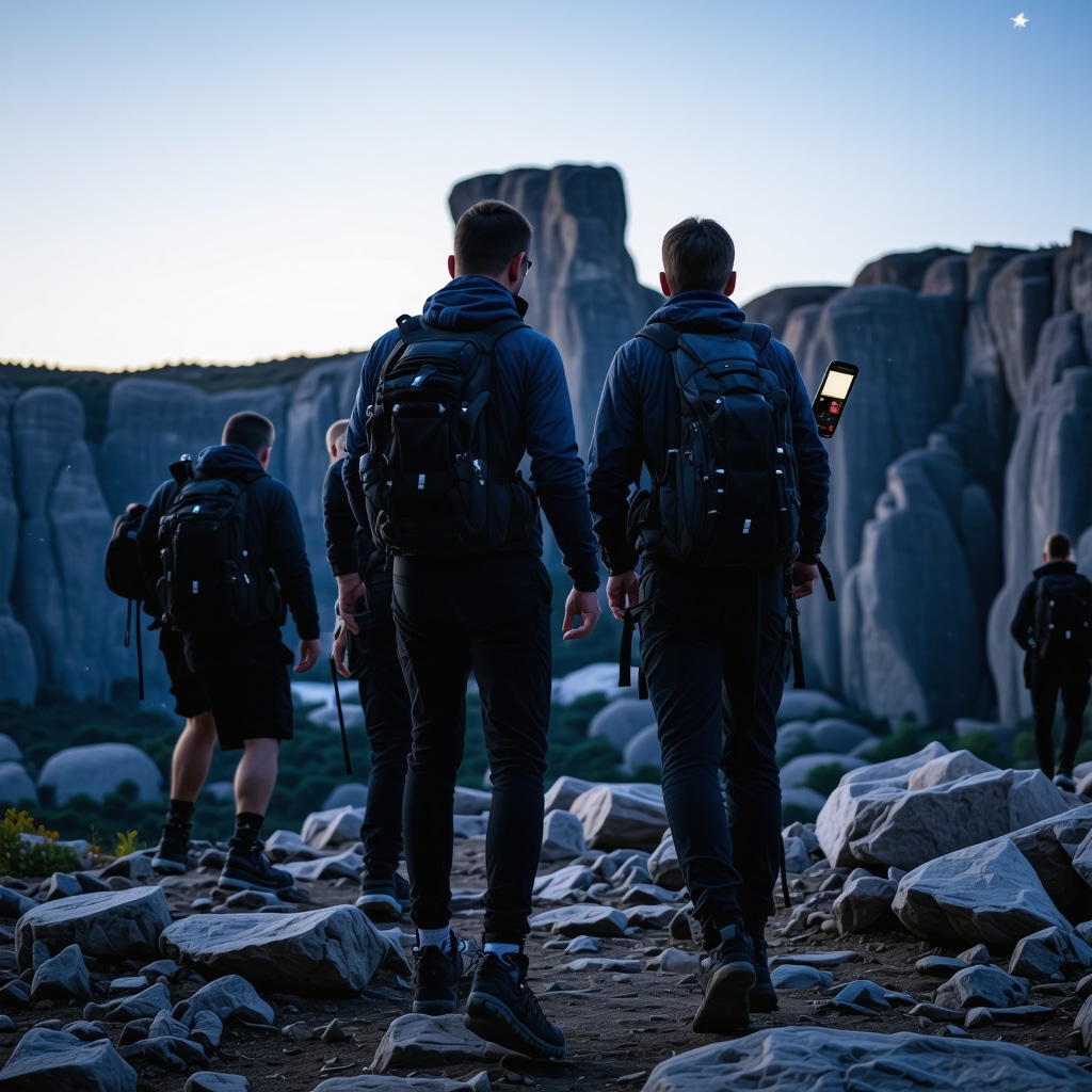 Experienced hikers using GPS and night-vision gear navigating Meteora at night under starry sky