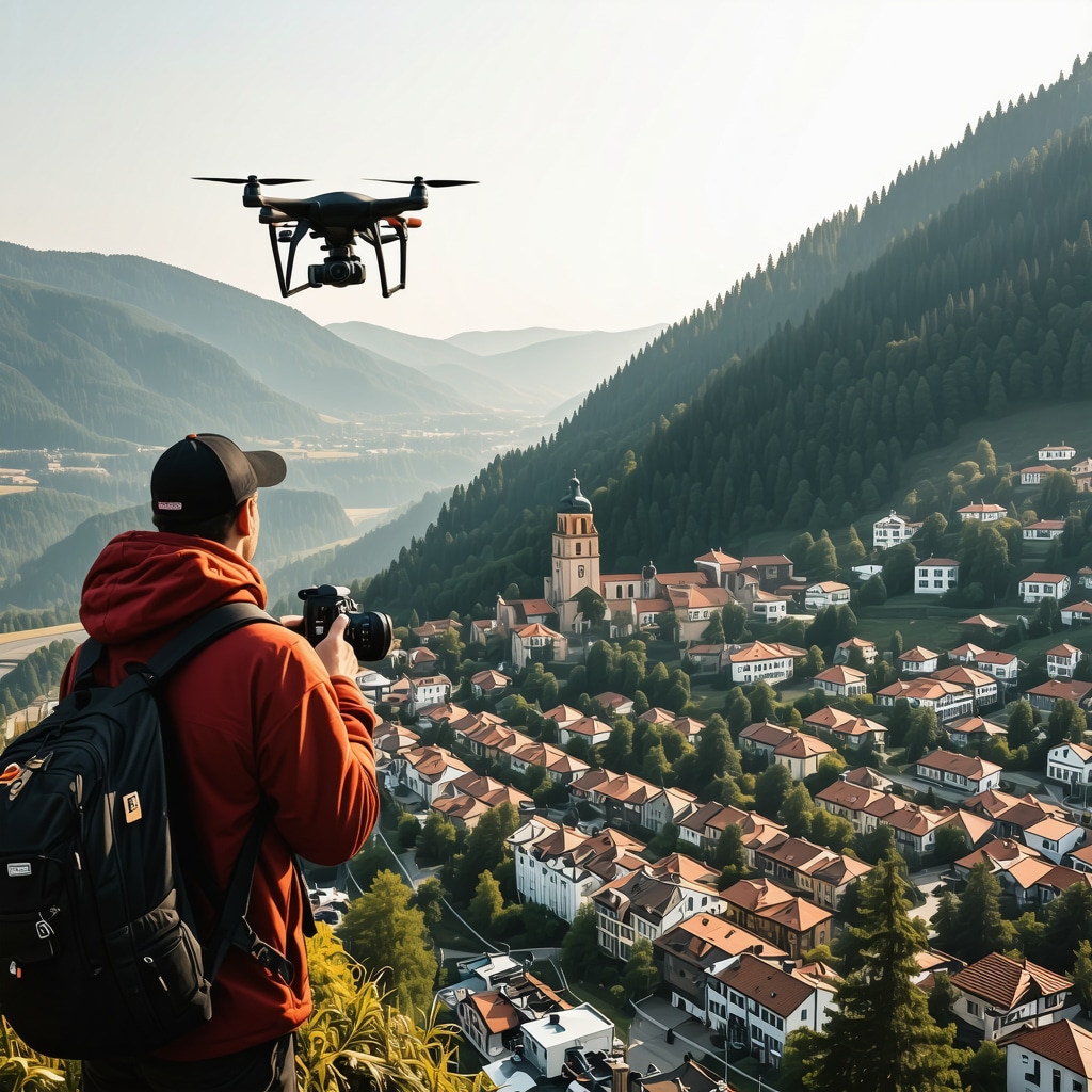 Photographer using drone and DSLR to capture Brasov cityscape and Carpathian mountains