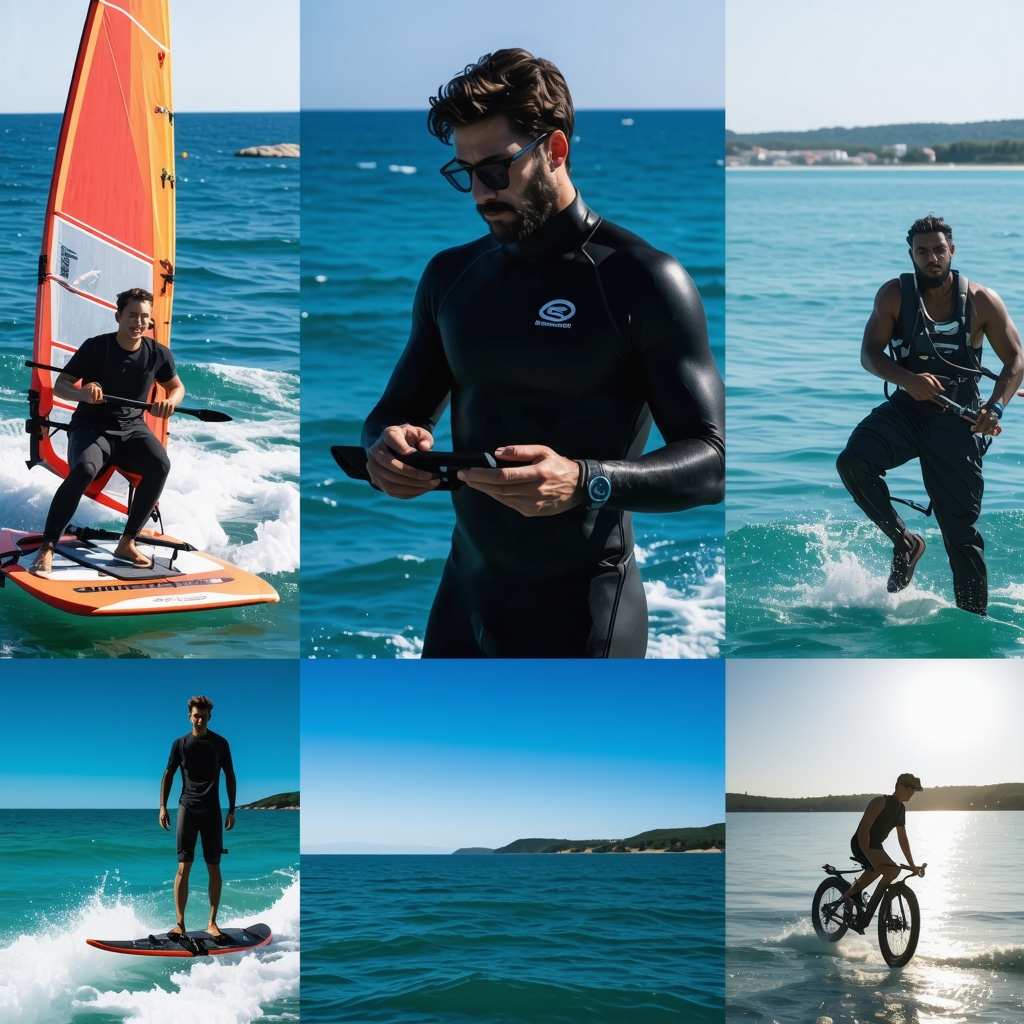 Collage of advanced water sports, modern diving gear, electric bikes, and eco-friendly Burgas coastline