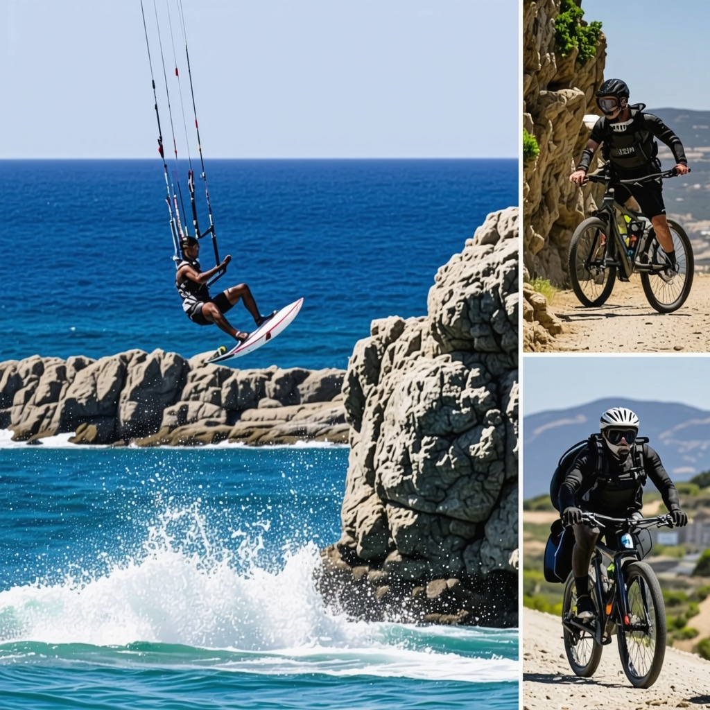 Kitesurfer, scuba diver, and cyclist showcasing advanced sports activities in Constanța with Black Sea in background