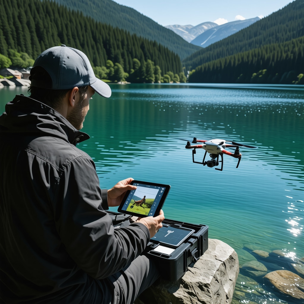 Fisherman using AI-powered tablet with drone monitoring on Lake Bohinj with traditional fishing gear and alpine backdrop