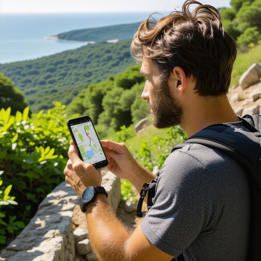 Hiker using GPS watch and smartphone app on Burgas trail with Black Sea coastline