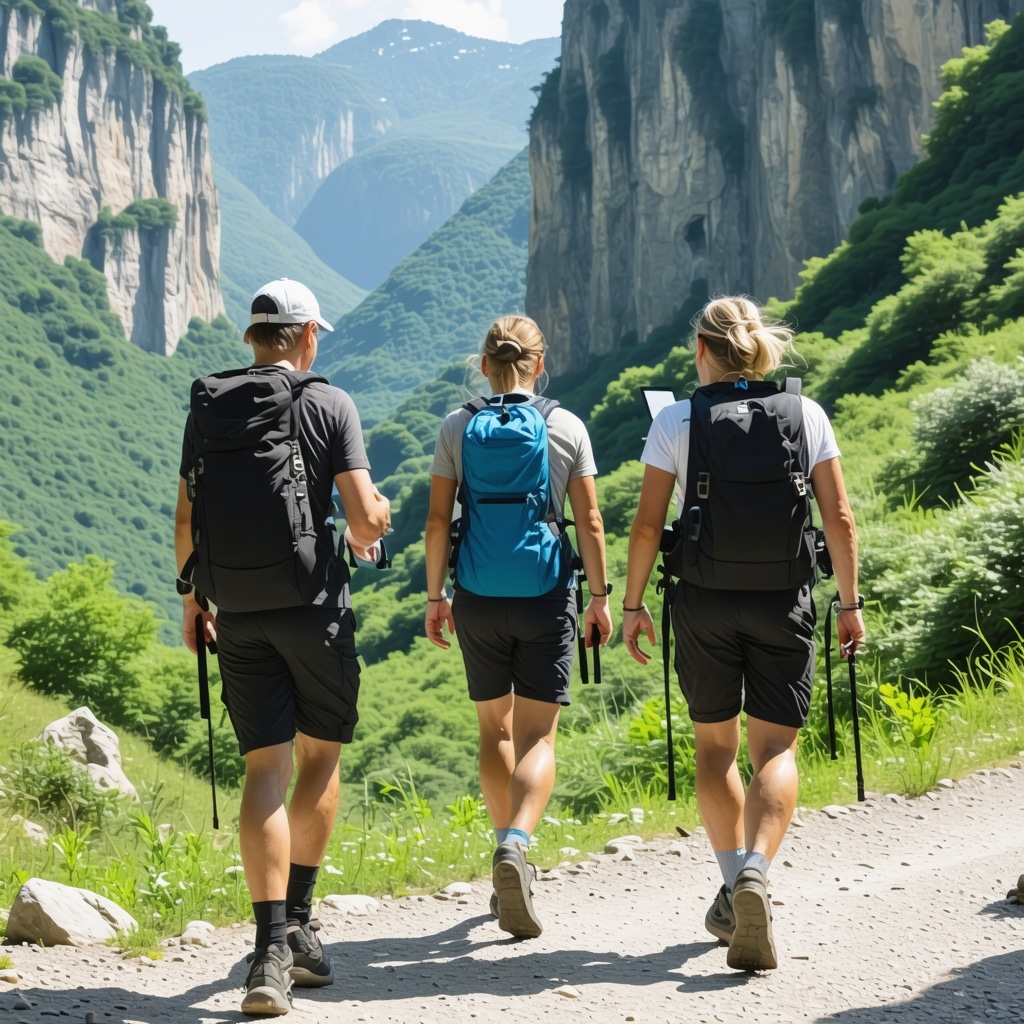 Hikers using GPS and smart outdoor equipment in Matka Canyon