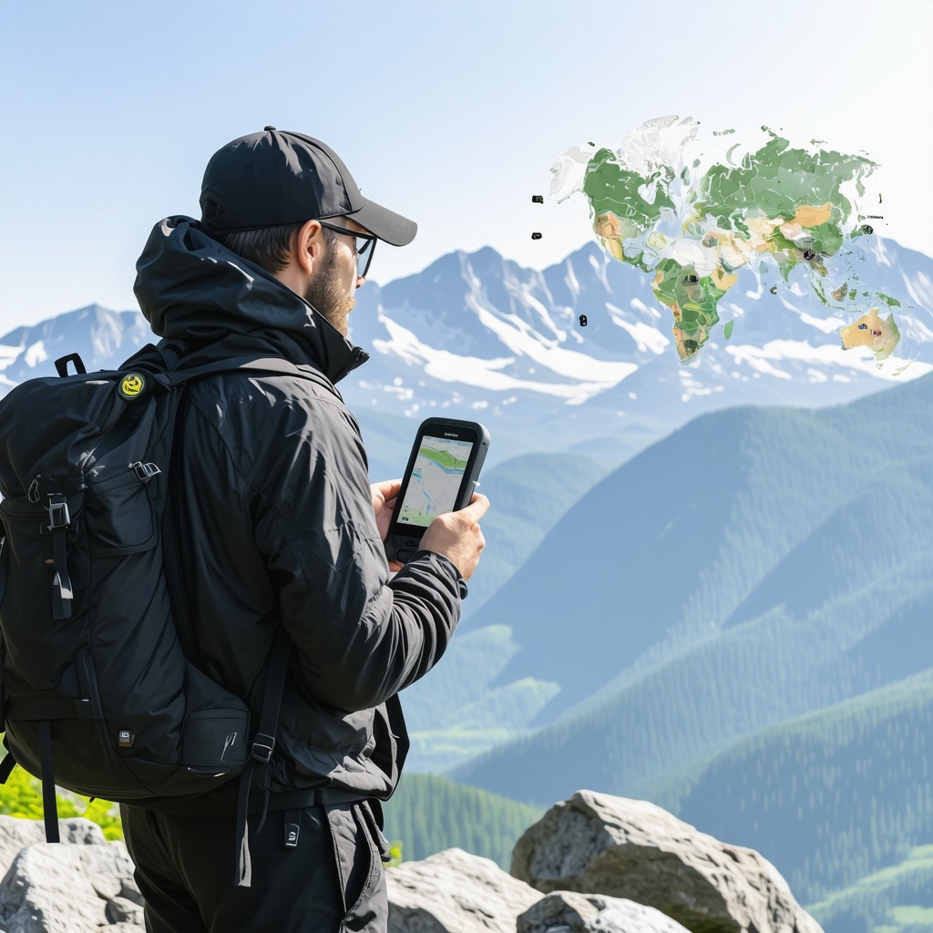 Hiker using GPS device with mountain panorama and digital eco-education overlay in Durmitor National Park