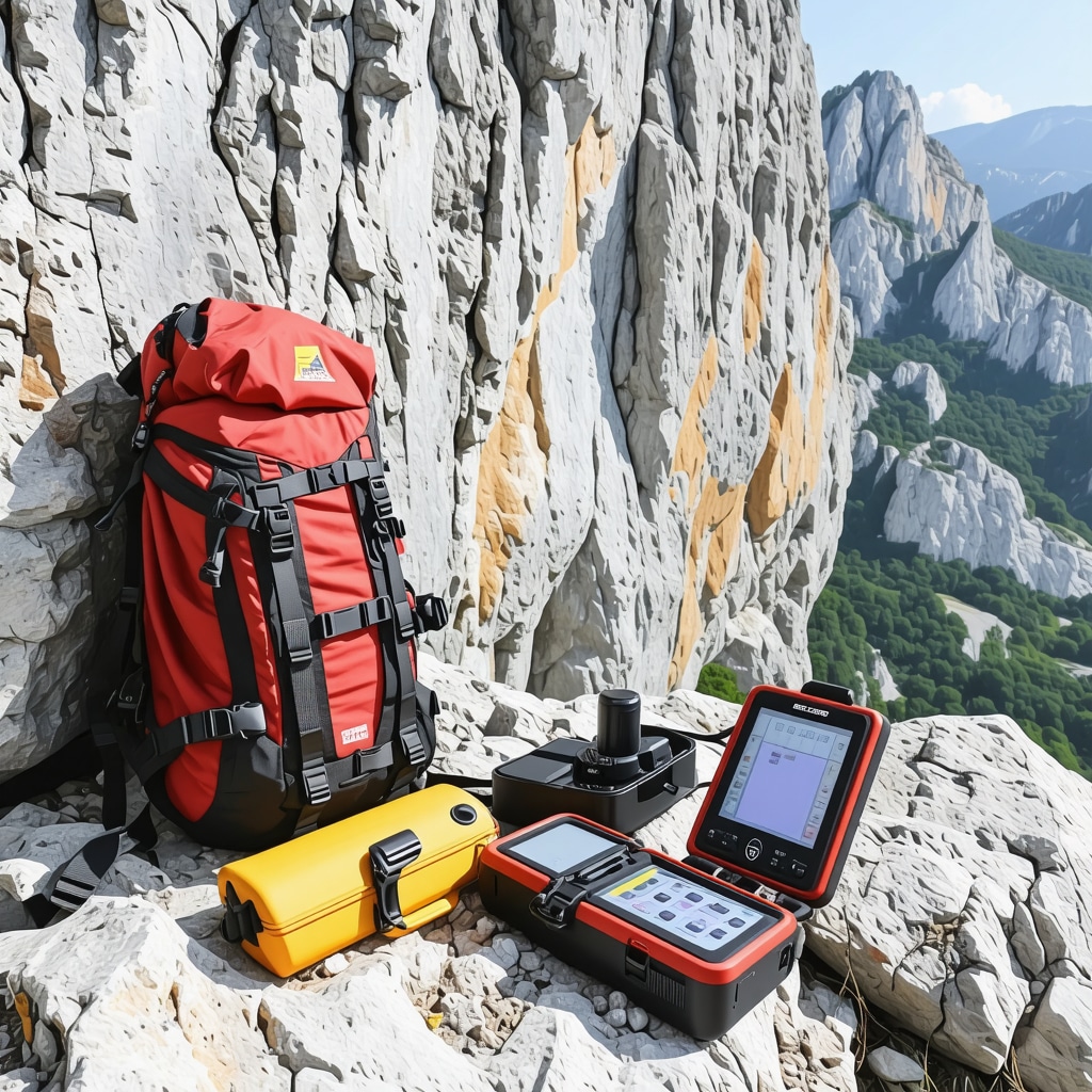 Hikers using GPS and advanced safety gear in rugged karst terrain of Paklenica National Park