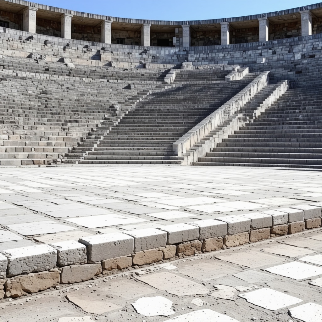 Restored ancient amphitheater in Plovdiv showing nanotechnology coatings and GIS data overlay