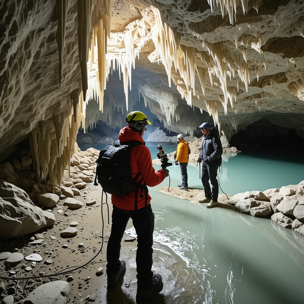 Speleologists using 3D scanning and digital navigation equipment inside Škocjanske jame cave