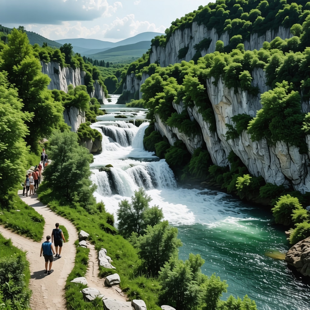 Drone shot showing Krka National Park with digital monitoring devices and hikers using AR apps