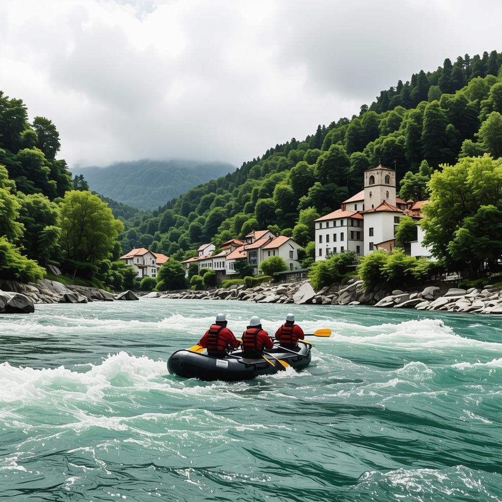 Rafting on River Pliva in Jajce with lush green surroundings and historic town in background