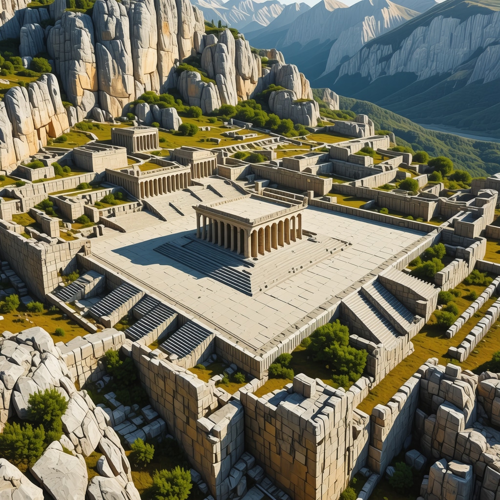 Aerial image depicting Delphi archaeological ruins with visible representation of natural energy lines and mountainous backdrop