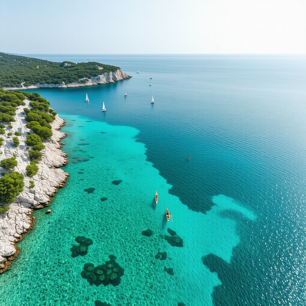 Aerial coastal view of Biograd na Moru with sailboats, kayaks and clear marine life
