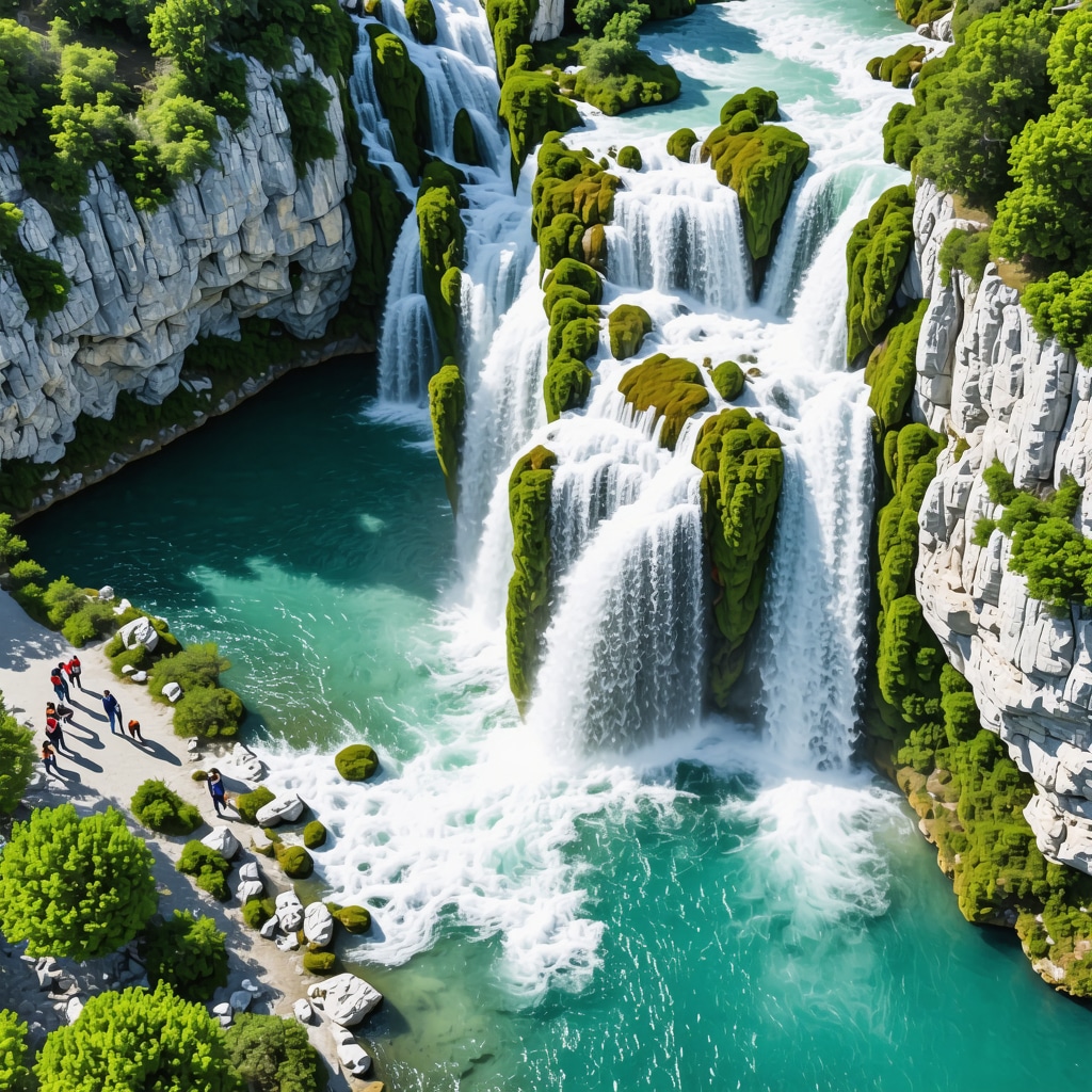 Aerial image of Krka National Park featuring waterfalls, eco-friendly paths, tourists, and environmental monitoring devices in spring