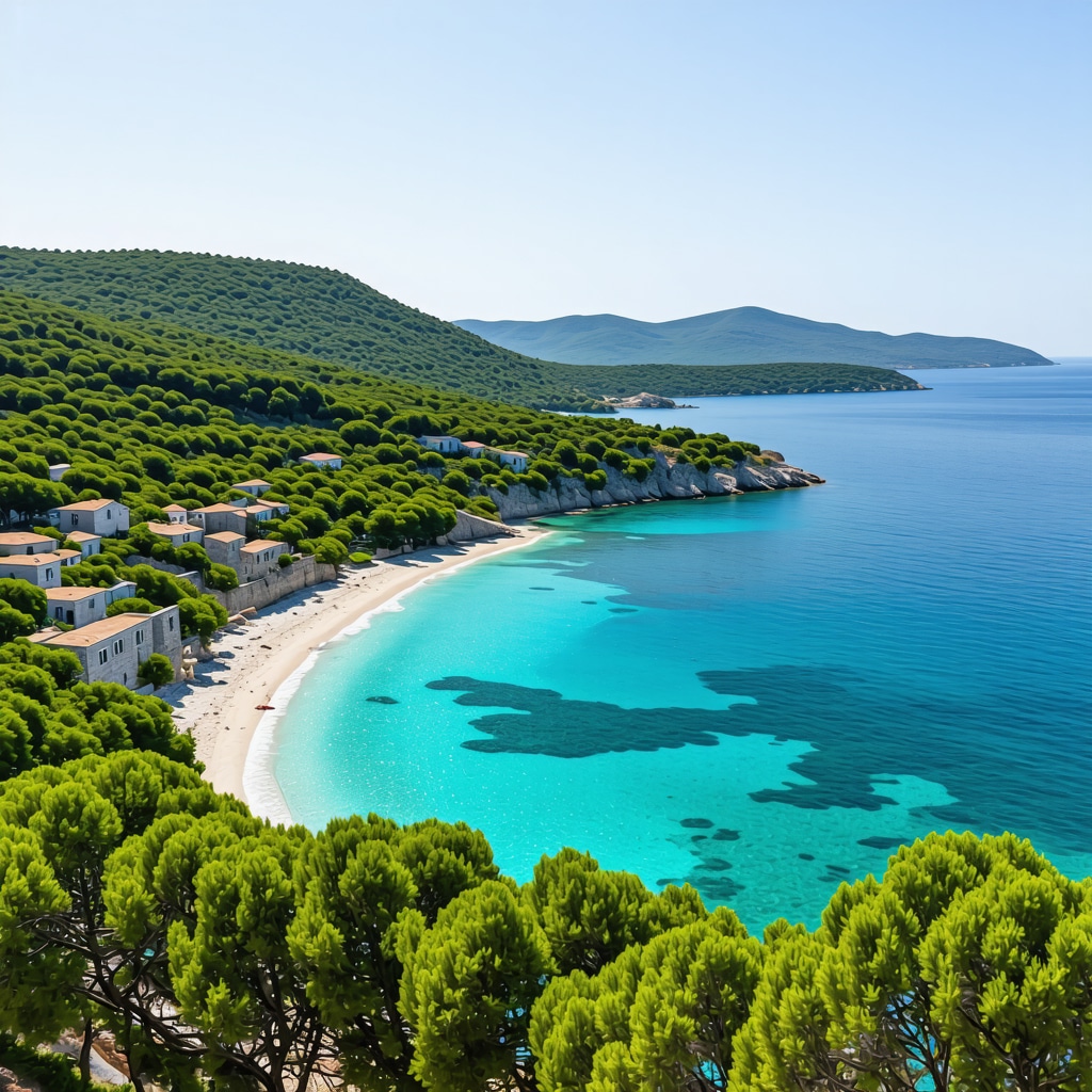 Panoramic aerial image of Lastovo island featuring beaches, forests, and stone houses