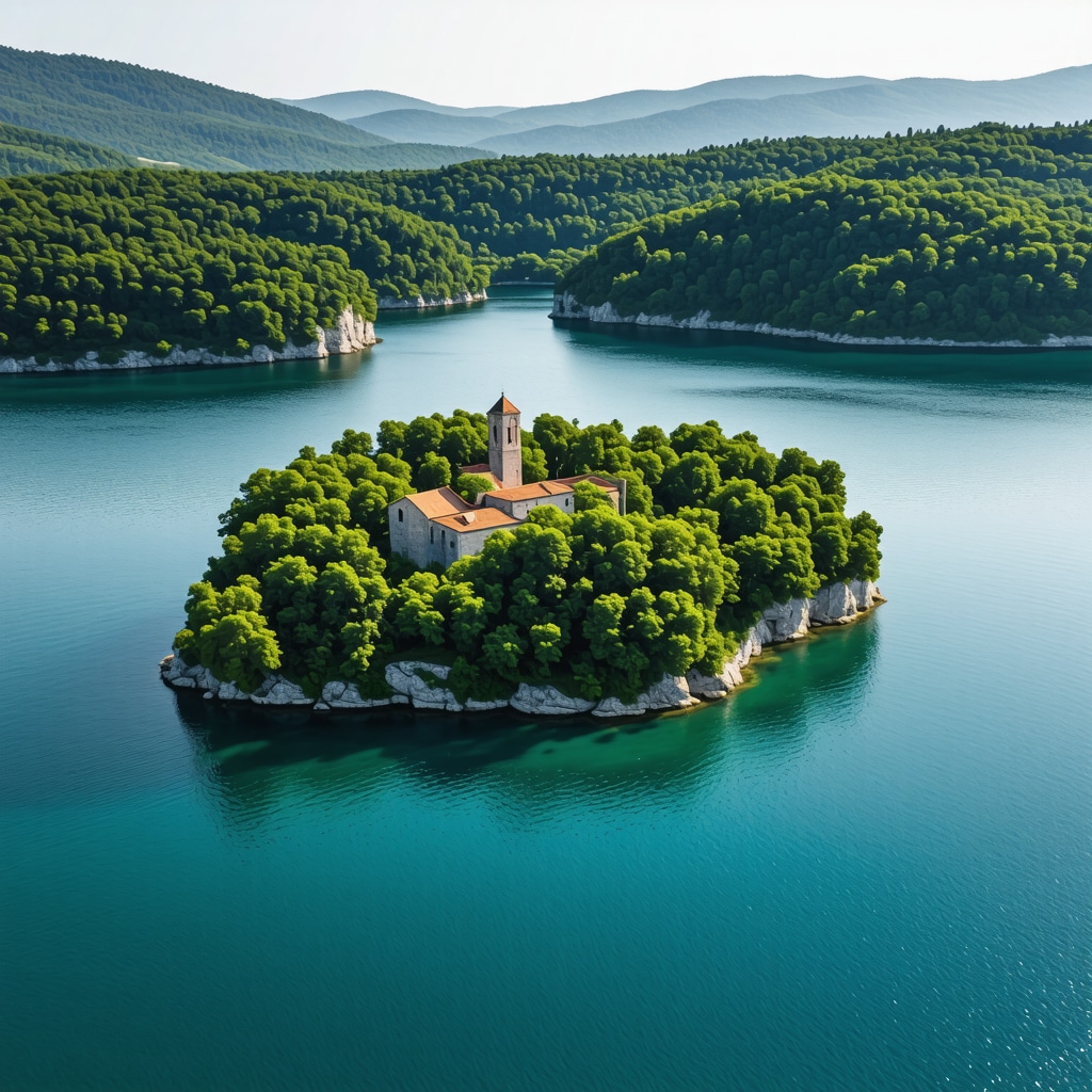 Aerial photograph of Mljet National Park featuring forests, saltwater lakes, and the Benedictine monastery