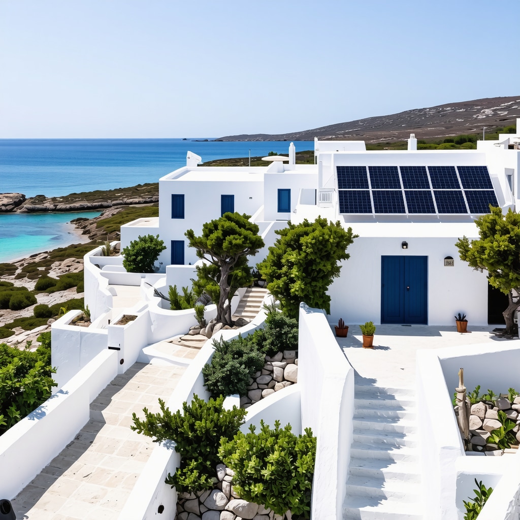 Luxury villas, pristine beaches, and solar panels on Mykonos under blue sky