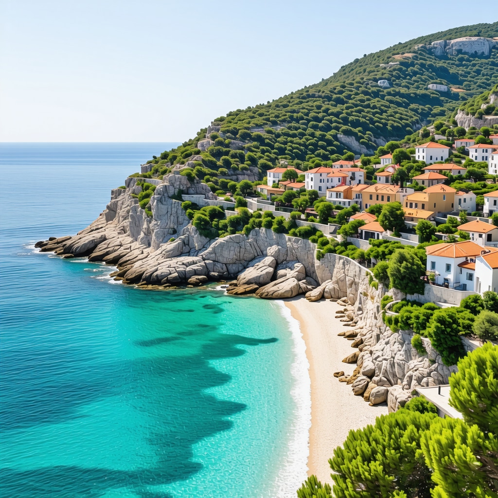 Aerial photo of Petrovac Montenegro coastline with beaches and Mediterranean architecture