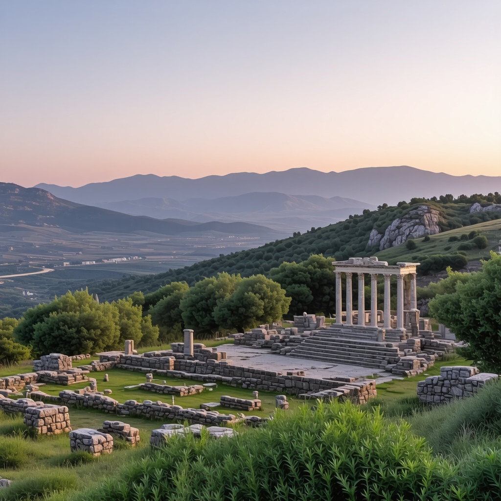 Panoramic sunset view of the Temple of Apollo ruins at the ancient Delphi site surrounded by nature
