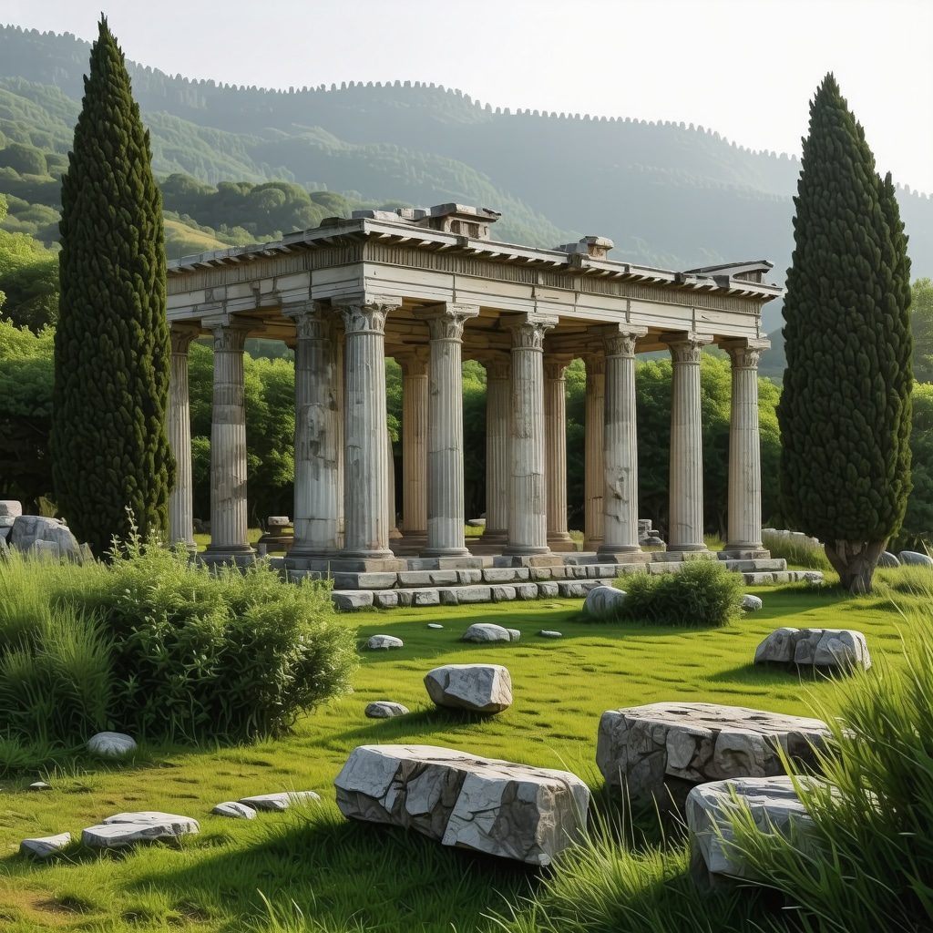 Serene ancient Delphi temple ruins surrounded by greenery in soft morning light