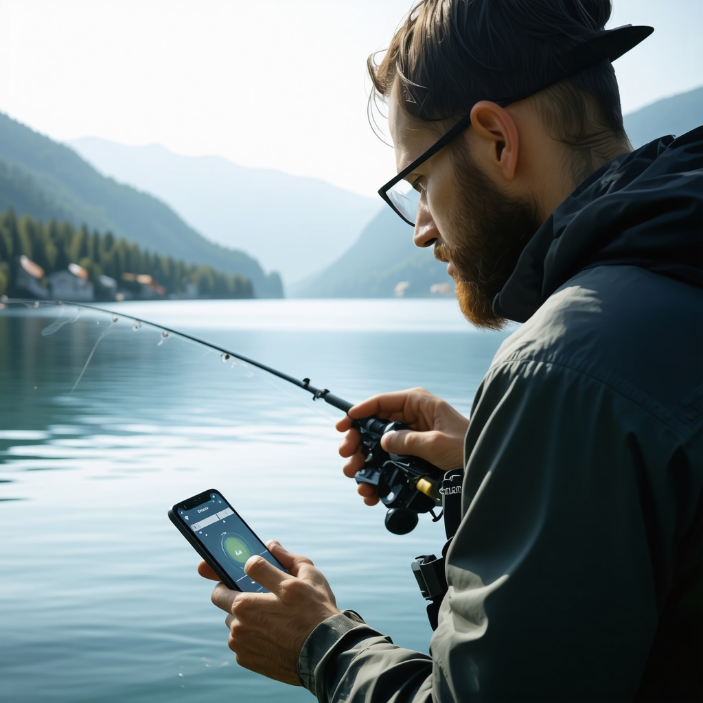Angler with smartphone and AI-driven sonar device fishing on Lake Bohinj with alpine background