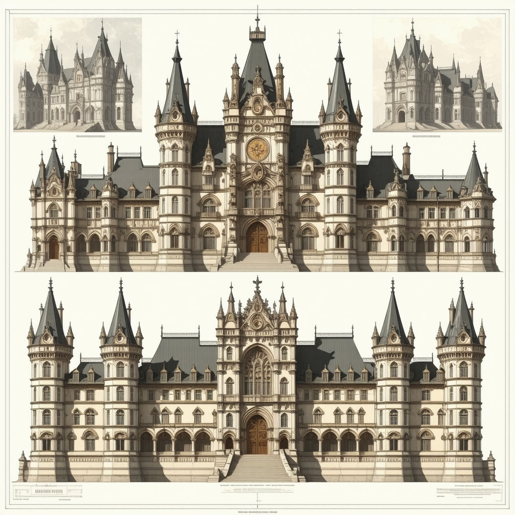 Collage showing architectural blueprints and vintage photos of Peles Castle's neorenesansna style and technological features
