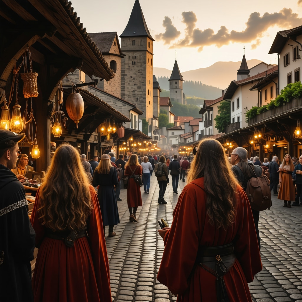 Tourists using augmented reality devices to explore medieval markets and craftsmen in Sighișoara's historic center