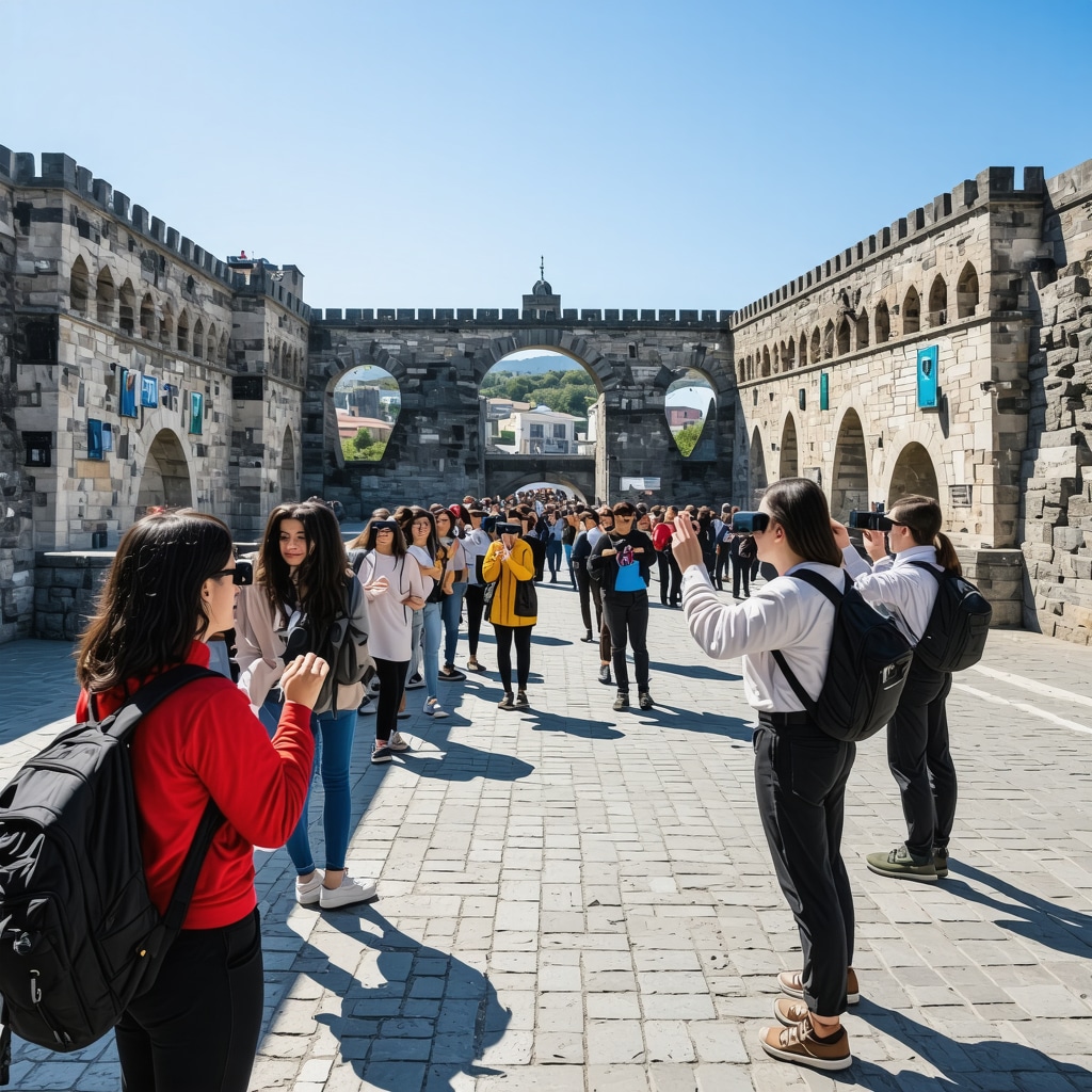 Visitors experiencing augmented reality overlays of historical scenes on the Drina Bridge arches in Višegrad