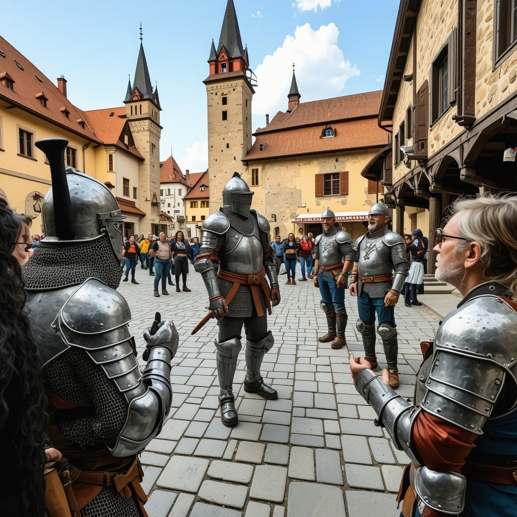 Tourists experiencing augmented reality with virtual medieval characters in Sighișoara town square