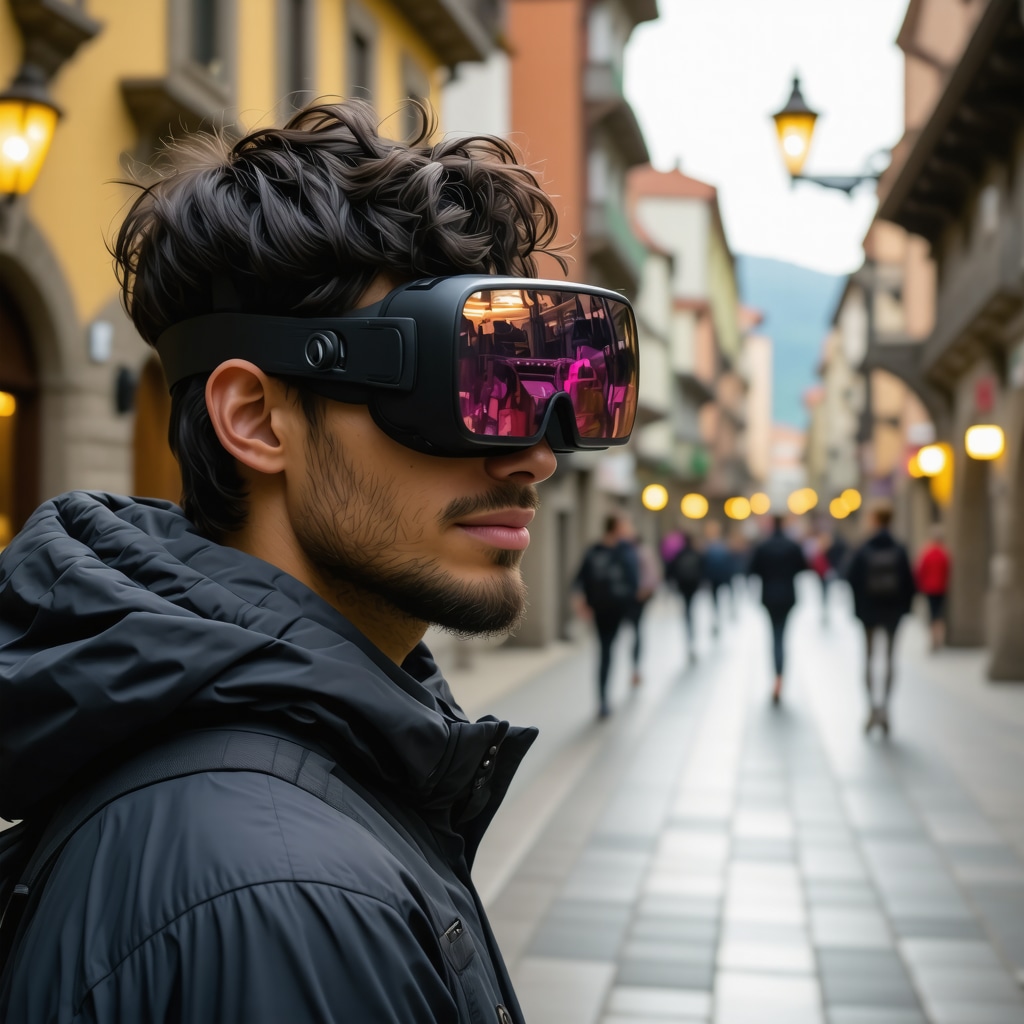 Tourist using augmented reality glasses in Brașov city with digital cultural and eco-friendly overlays