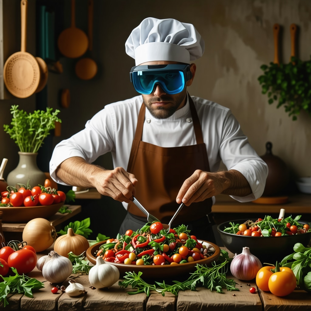 Chef using augmented reality glasses to prepare traditional Balkan dishes with digital recipe overlays in rustic kitchen