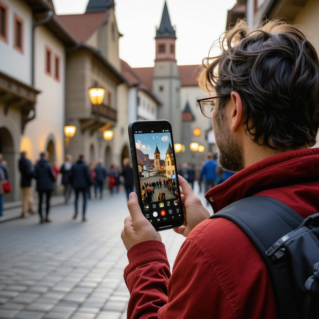 Tourist using augmented reality on smartphone to view historical overlays on medieval buildings in Sibiu