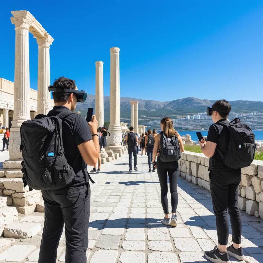 People engaging in outdoor sports in Volos using augmented reality devices showing Greek cultural symbols