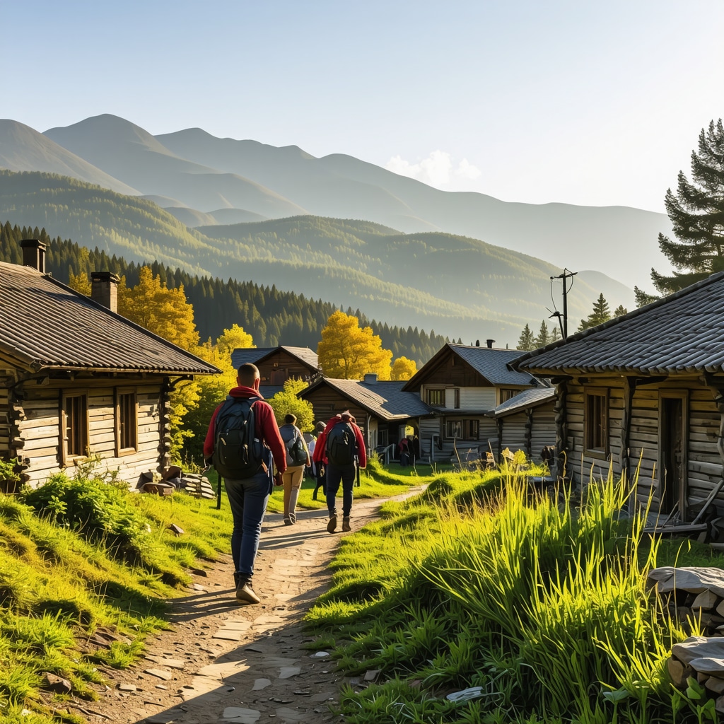 Hikers engaging with local villagers near traditional wooden houses in autumnal Pirin Mountains near Bansko